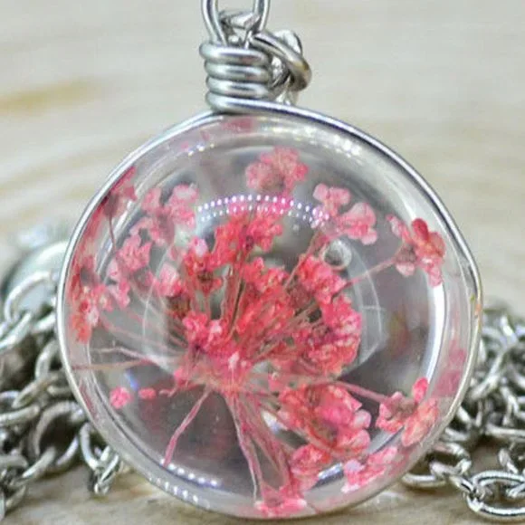 Dried Pink Flower Glass Orb Chain Necklace - Picture 3 of 3